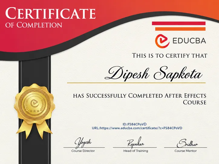 Certificate for After Effects Course issued by EDUCBA
