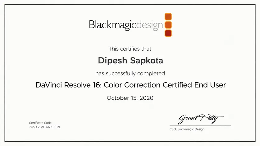 Certificate for DaVinci Resolve 16: Color Correction issued by Blackmagicdesign