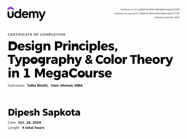 Certificate for Design Principles, Typography & Color Theory issued by Udemy