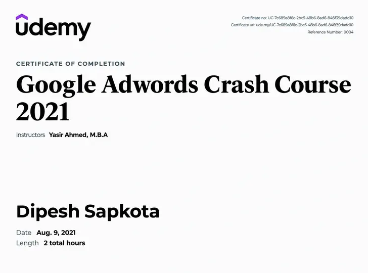 Certificate for Google Adwords Crash Course 2021 issued by Udemy