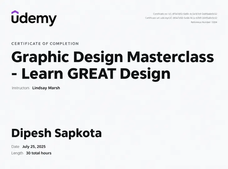 Certificate for Graphic Design Masterclass issued by Udemy