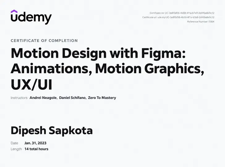 Certificate for Motion Design with Figma issued by Udemy