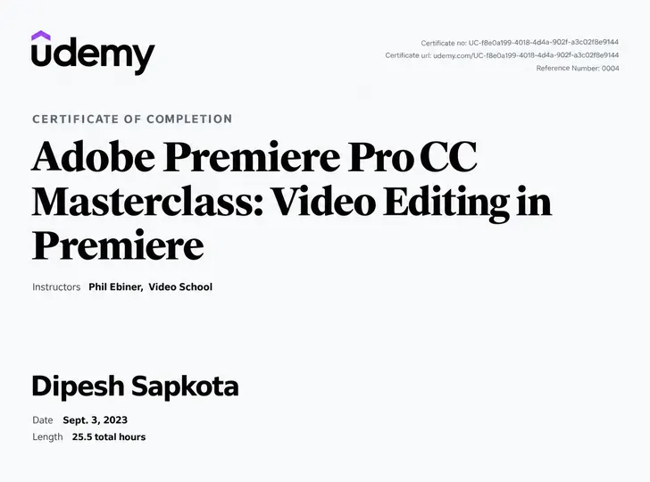 Certificate for Adobe Premiere Pro CC Masterclass issued by Udemy