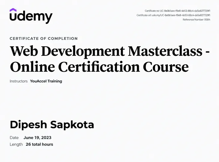 Certificate for Web Development Masterclass issued by Udemy